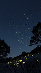 A Majestic Night Sky with Fireflies and Glowing Stars in Nature