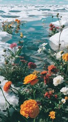 Vibrant Flowers by Water's Edge with Reflective Surface and Sky