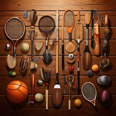 tennis racket and ball on wooden background