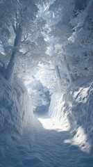Enchanted Winter Pathway Through Snow-Covered Trees and Light