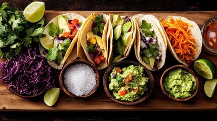 Colorful mexican cuisine spread featuring tacos, guacamole, salted margaritas, lime wedges and fresh ingredients on rustic wooden table for vibrant dining experience