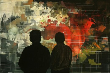 Two individuals are captivated by a large, abstract painting evoking the chaotic and destructive nature of modern warfare