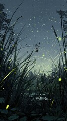 Magical Night Landscape with Fireflies and Stars over Dark Forest