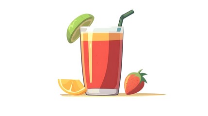 Digital illustration depicts a glass of strawberry smoothie with an orange slice, strawberry, lime, and straw.