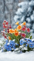 Colorful Flowers Surrounded by Snow in Winter Landscape