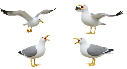 Fototapeta premium Four seagulls in different poses against white background