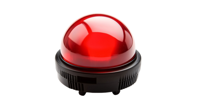 Close-up of an isolated red fire alarm push button on a white background
