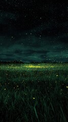 Enchanted Night Landscape with Glowing Fireflies in Dark Field