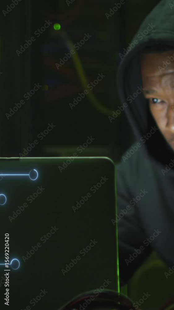 Poster animation of data processing over african american male hacker with computer and computer servers