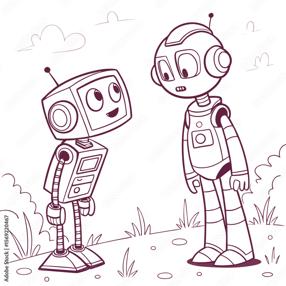 Aufkleber a sketch shows two robots talking to each other, featuring a surreal look and narrow aspect ratio.