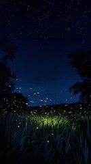 Enchanting Night Scene with Fireflies in Lush Green Grass