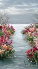 Serene Floral Pathway Leading to a Calm Waterside Landscape