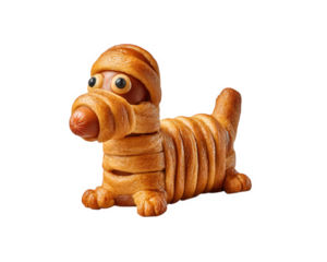 Hot dog snack, sausage wrapped in golden pastry, shaped like dog, isolated on transparency background, playful and creative food art