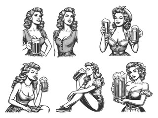 Pin-Up Girl Drinking Beer Set collection bundle sketch engraving generative ai raster illustration. Scratch board imitation. Black and white image.