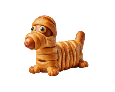 Hot dog snack, sausage wrapped in golden pastry, shaped like dog, isolated on transparency background, playful and creative food art