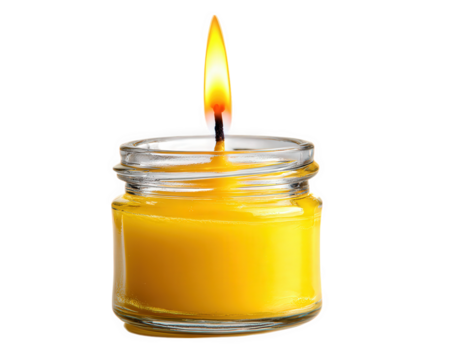 Yellow candle in glass jar with bright flame, isolated on transparency background, creates warm and cozy atmosphere, perfect for relaxation, aromatherapy, or home decor accent