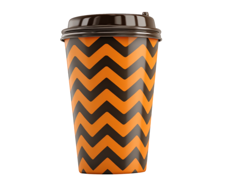 Orange and brown zigzag pattern takeaway coffee cup with plastic lid, isolated on transparency background, modern disposable drink container, cheerful and stylish design - Powered by Adobe