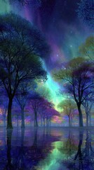 Enchanted Forest Under Vibrant Aurora Borealis Night Sky