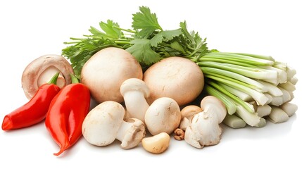 Photograph of fresh mushrooms, chives, and chili peppers arranged on a white background.