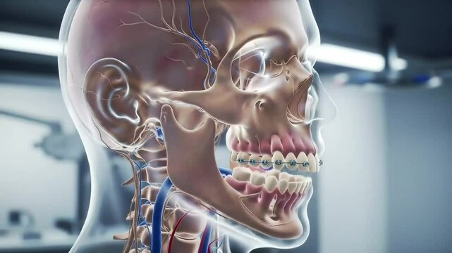 Close-up view of dental radiograph emphasizing the detailed anatomy of tooth roots, nerves, and surrounding bone structures for dental diagnostics.