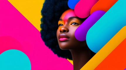 Obraz premium Positive energy, Arts and Entertainment. A Vibrant and Bold Digital Artwork Featuring a Creative Portrait Expression of Identity through Colorful Geometric Shapes and Artistic Vision