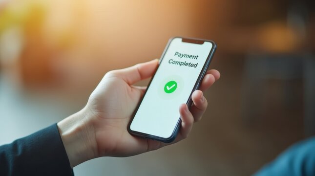 Close-up of hand holding smartphone with 'Payment Completed' message and green checkmark