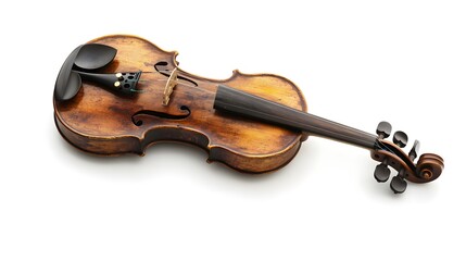 Fototapeta premium Photograph of a vintage, brown wooden violin resting on a white surface.