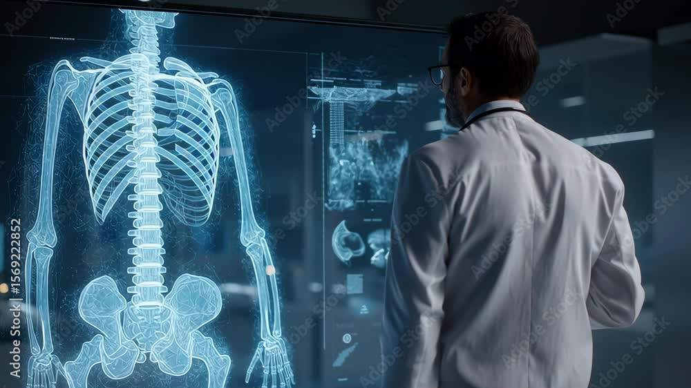 Poster a doctor is pointing at a skeleton on a computer screen. the skeleton is shown in a 3d format
