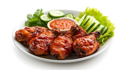 Photograph of grilled chicken drumsticks with dipping sauce and fresh herbs on a white plate.