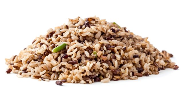 Photograph of cooked wild rice with dark brown grains and green chives, presented in a mound. - Powered by Adobe