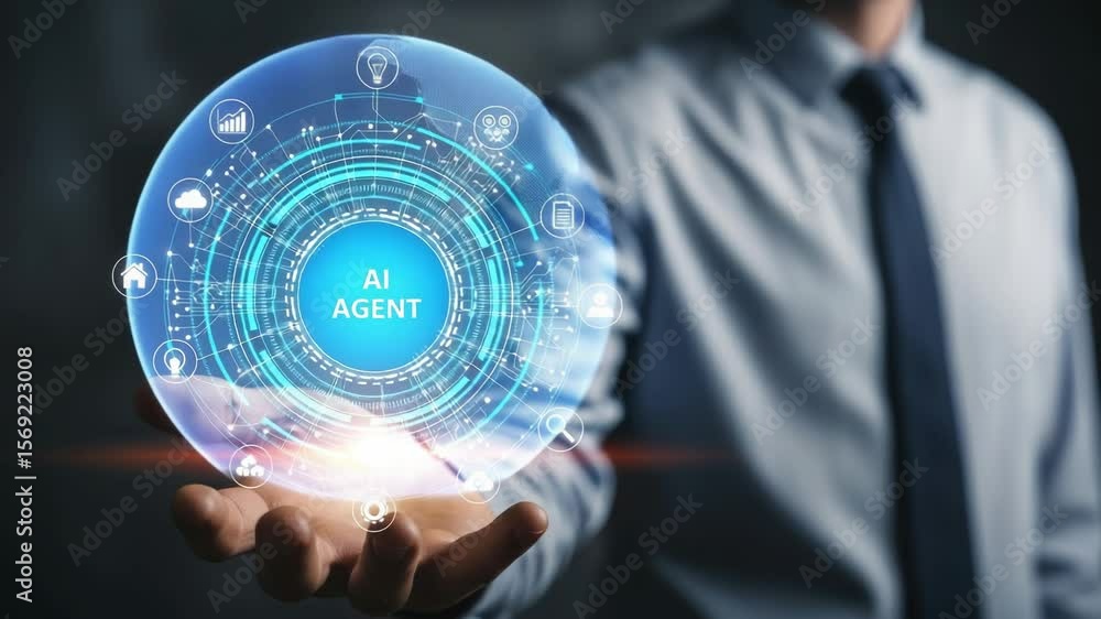 Poster man presenting ai agent interface in his open hand
