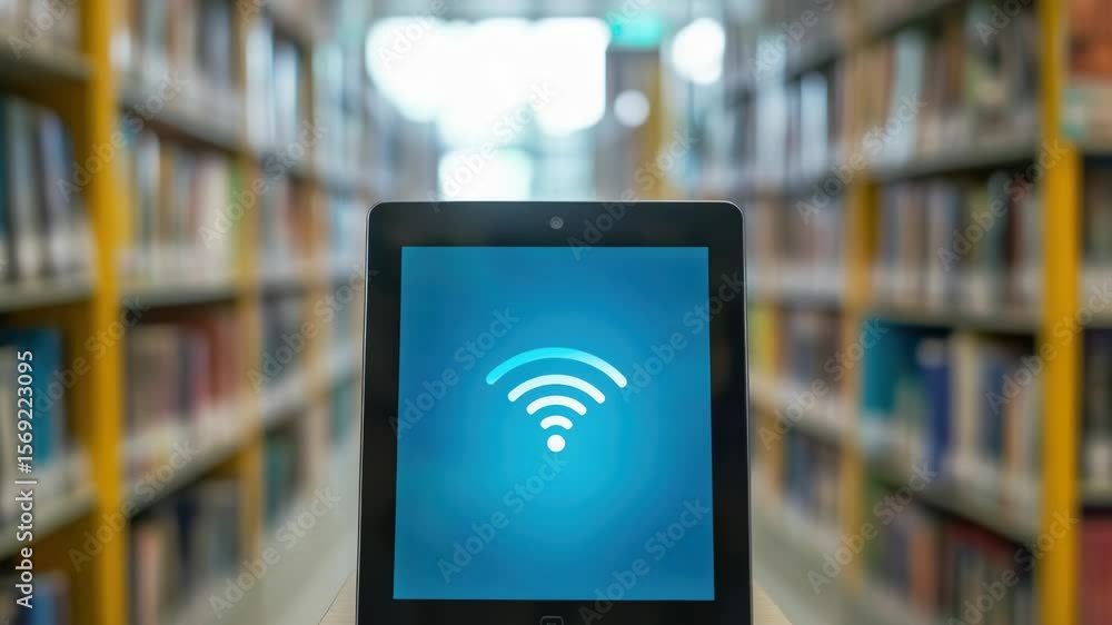 Poster a tablet computer sits on a table in a quiet library setting