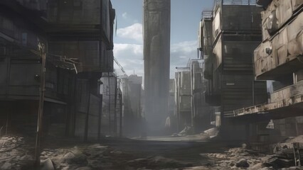 A desolate, futuristic cityscape featuring tall, worn gray buildings lining a dusty street. A massive, cylindrical structure rises in the background, creating an eerie atmosphere. 3D, 4K.