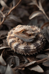 Intimate portrait of a small bearded dragon curled up amongst dried leaves. Emphasizes texture, detail, and reptilian beauty. Great for nature, science, or pet care.