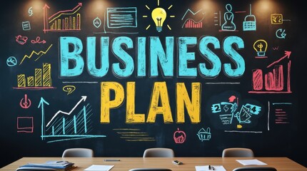 A dynamic chalkboard scene with bold business plan lettering, colorful graphs, finance icons, team silhouettes, and a glowing light bulb, modern infographic style, bright hues, educational and profess