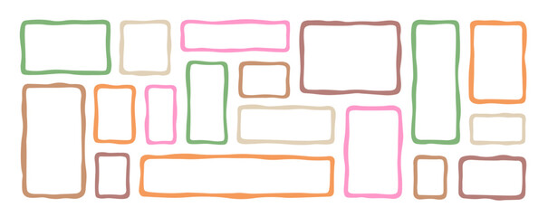 Frame boxes, irregular uneven shapes set. Doodle curved picture and painting frameworks, cadre. Modern organic forms, wall gallery group. Colored flat vector illustration isolated on white background