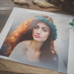 A captivating 3D, 4K image features a woman with flowing, vibrant red hair adorned with a floral crown, showcasing beauty and grace in a serene setting.