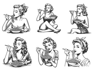 Pin-Up Women Eating Spaghetti Set collection bundle sketch engraving generative ai raster illustration. Scratch board imitation. Black and white image.