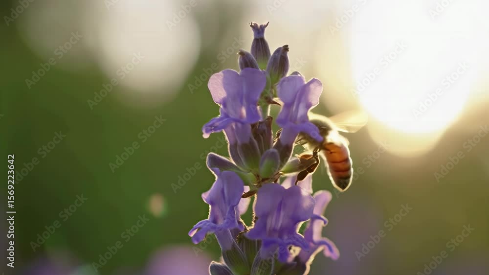 Aufkleber close-up of a bee pollinating a purple flower with sunlight creating a soft bokeh background
