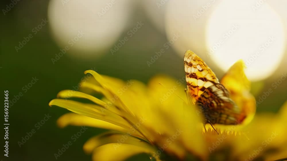 Aufkleber close-up of a butterfly resting on a vibrant yellow flower with a softly blurred green background an