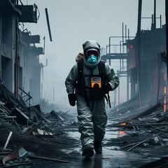 After a very low yield nuclear weapon. A lone figure in a hazmat suit walks through a destroyed urban landscape surrounded by debris. A gas mask covers his face, holding a radiation detector. 3D, 4K.