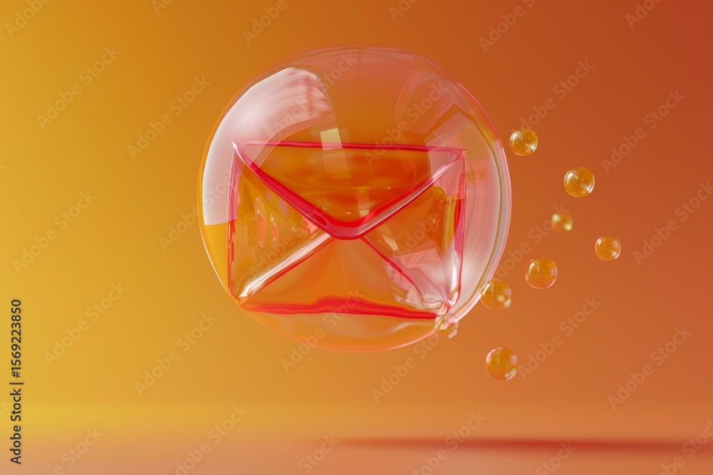 Poster soap bubble containing a red email message floating on an orange background, representing fragile co