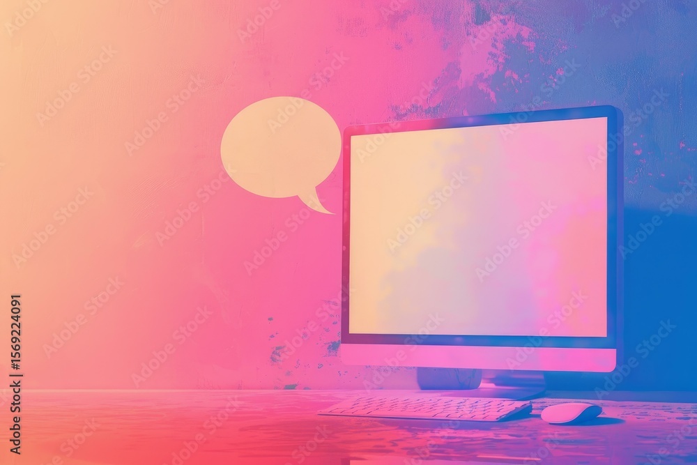Poster modern desktop computer displaying blank screen with speech bubble, suggesting online chat, social m