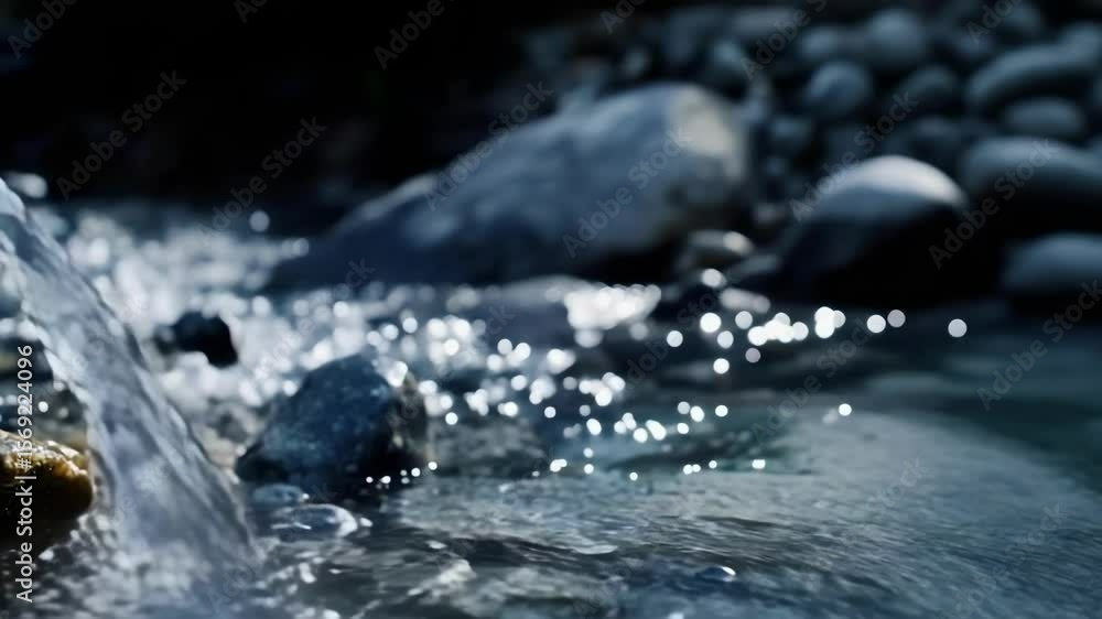 Poster a stream of clear water flowing over smooth stones, creating a sparkling surface with light reflecti