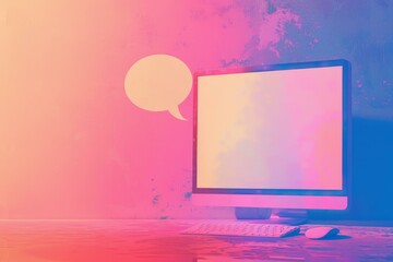 Modern desktop computer displaying blank screen with speech bubble, suggesting online chat, social media, and virtual communication in a colorful setting