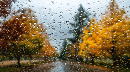 View through raindrop-covered window at autumn