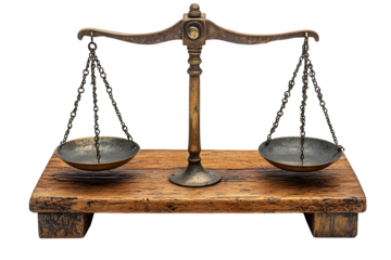 Vintage-style apothecary scale with brass weights isolated on white background