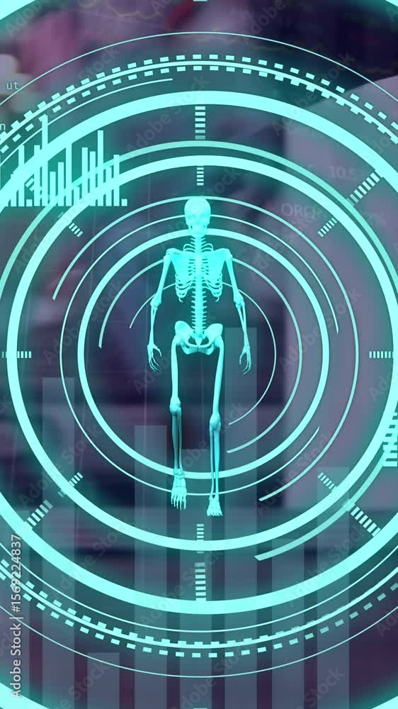 Poster animation of scope scanning and data processing with skeleton over caucasian people at gym