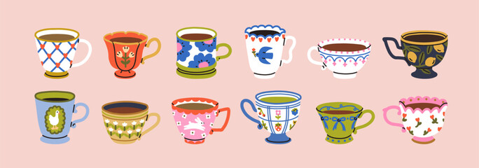 Tea cups collection in vintage style. Retro mugs painted in decorative patterns. Ceramic teacups in traditional ornate designs. Dishware for morning drinks, coffee. Isolated flat vector illustrations