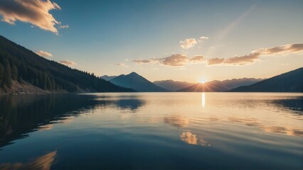 Fototapeta premium Serene lake reflecting a distant mountain and colorful sky at sunset, capturing natural beauty in the Lake District.